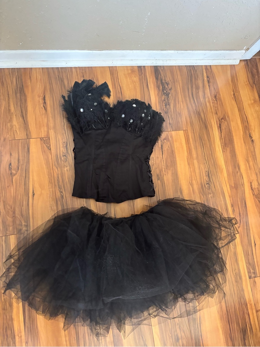 Charlotte Russe Black Feathered Silver Gem Corset tulle ballet mini skirt size S